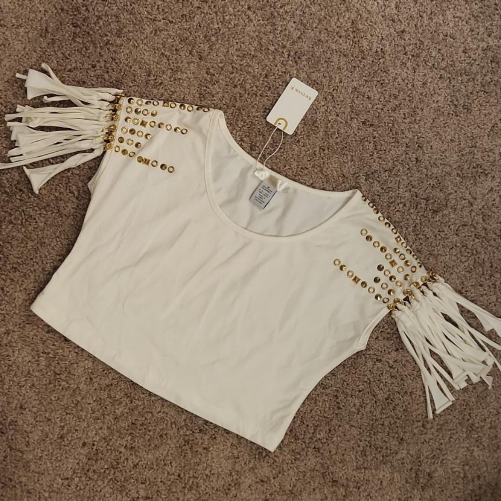 NWT Cropped Top with Gold Beads & Fringes